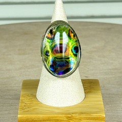 Vintage Statement Peacock Green Gold Art Glass Cabochon Ring Size 7