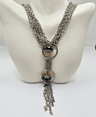 VTG Statement Necklace Layered Chain Black Beads Silvertone 18 in overall length