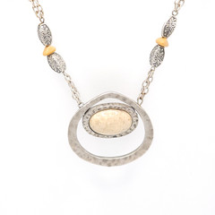 Vintage Avenue Signed Necklace Silver Tone Cream Stone Statement Pendant 18-21in