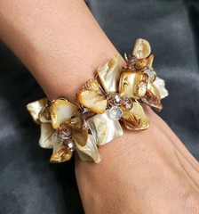 Vintage Mother of Pearl Shell Stretch Bracelet Chunky Golden Brown Cuff Boho