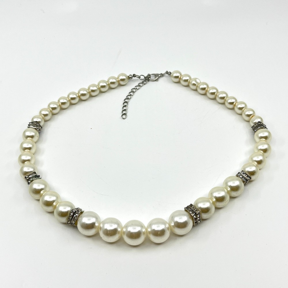 Vintage Cream Faux Pearl Graduated Choker Necklace with Rhinestone Rondelles