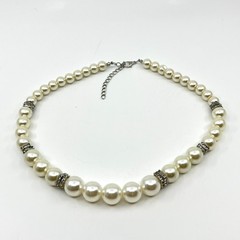 Vintage Cream Faux Pearl Graduated Choker Necklace with Rhinestone Rondelles