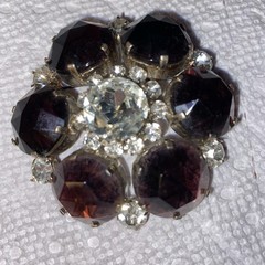 Large Contemporary Goldtone Purple & Clear Rhinestone Brooch 2.5”