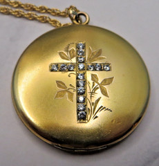 Vintage B&B 14k GF Yellow Gold Filled Chain Necklace Large CZ Cross Locket #408