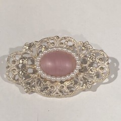 Vintage Ornate Frosted Yellow Gold Plated Pearl Pink Satin Glass Stone Brooch