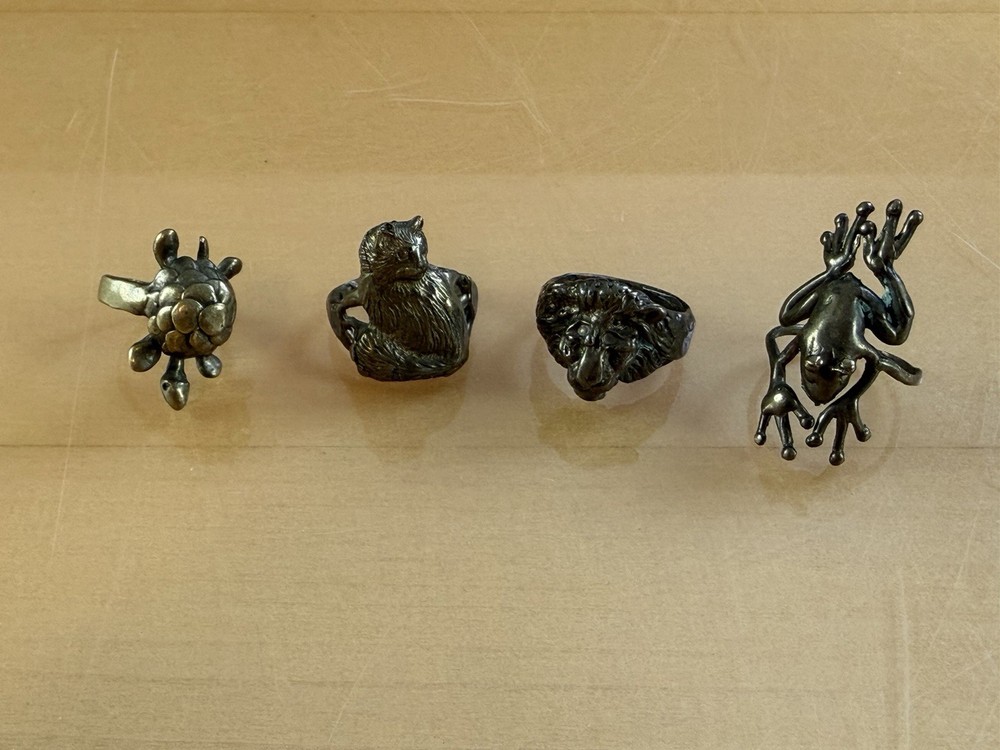 Vintage Solid Brass Handmade Animal Rings Frog Lion Cat & Turtle Artisan Art Lot