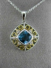 ESTATE 1.14CT DIAMOND & BLUE TOPAZ 14KT 2 TONE GOLD OPEN SQUARE FLOATING PENDANT