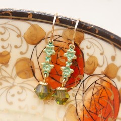 Vintage Style Gold Floral Green Crystal Earrings, Gift for Her, Daughter