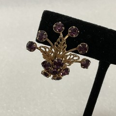 Vintage Purple Rhinestone Floral Cluster Clip-On Earrings Gold Tone