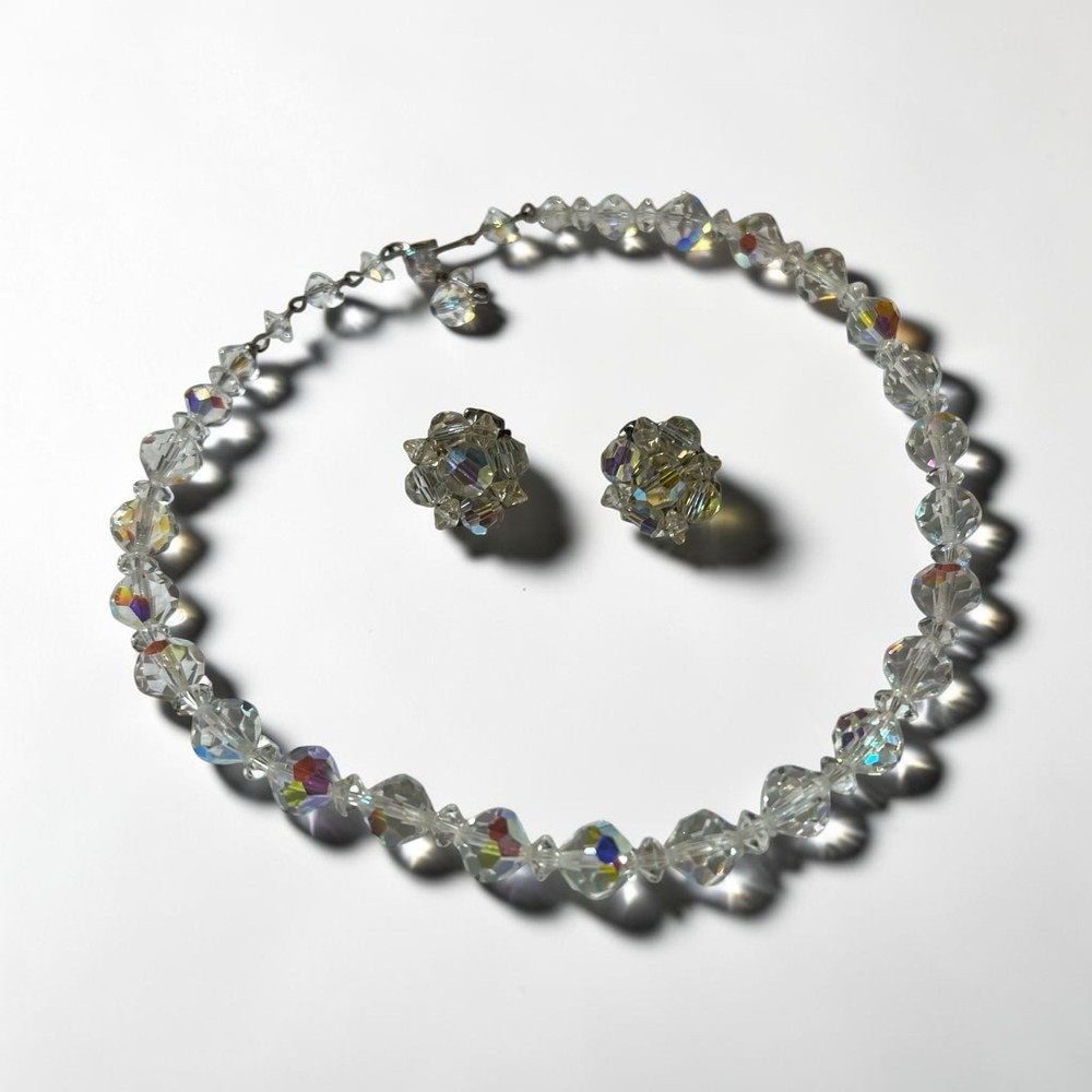 1950s Aurora Borealis Faceted Crystal Choker and Cluster Clip On Earrings Set