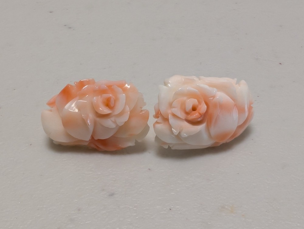 Vintage Pink Coral Angel Skin Carved Rose Screw On Earrings ~ No Drill Holes