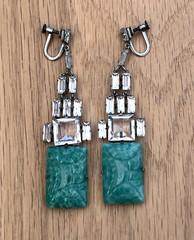 Antique Art Deco Carved Green Peking Glass Faux Jade Screw-Back Earrings