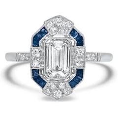 Art Deco Emerald Cut Lab Created Diamond & Sapphire Engagement 925 Silver Ring