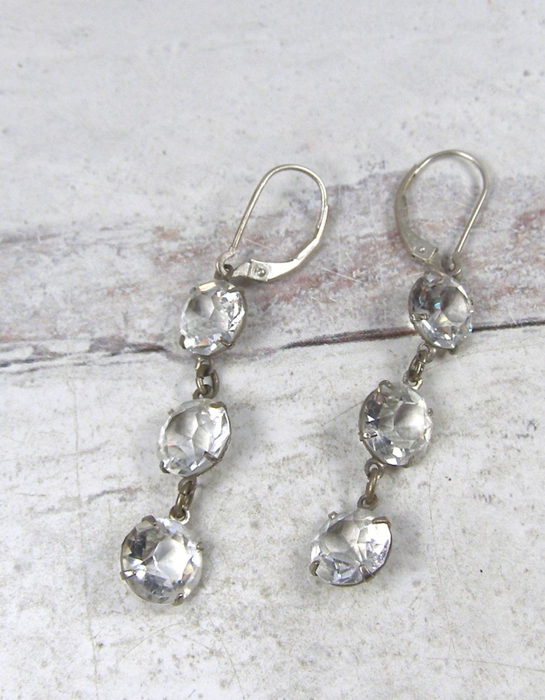 Vintage Sterling Silver Open Back Bezel Clear Crystal Dangle Linear Earrings