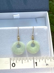 Vintage 10k Gold Light Green Jadeite Jade Bi Disc Circle Earrings