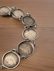 VTG Great Britain 3Pence 8Coins 7.5″ Sterling Victoria George Bracelet 1883-1934