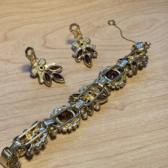 Vintage D&E Juliana Book Brown AB Headlight Rhinestone Bracelet Clip Earring Set
