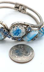 Vintage Rhinestone Clamper Bracelet Crackle Cabochon Blue Glass