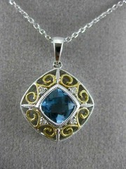 ESTATE 1.14CT DIAMOND & BLUE TOPAZ 14KT 2 TONE GOLD OPEN SQUARE FLOATING PENDANT