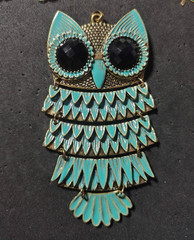 Vintage Large Owl Pendant Brooch Turquoise Enamel Black Rhinestone Dangle
