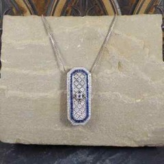 Art Deco Style Sapphire & Lab Created Diamond Wedding 14k White Gold Fn Pendant