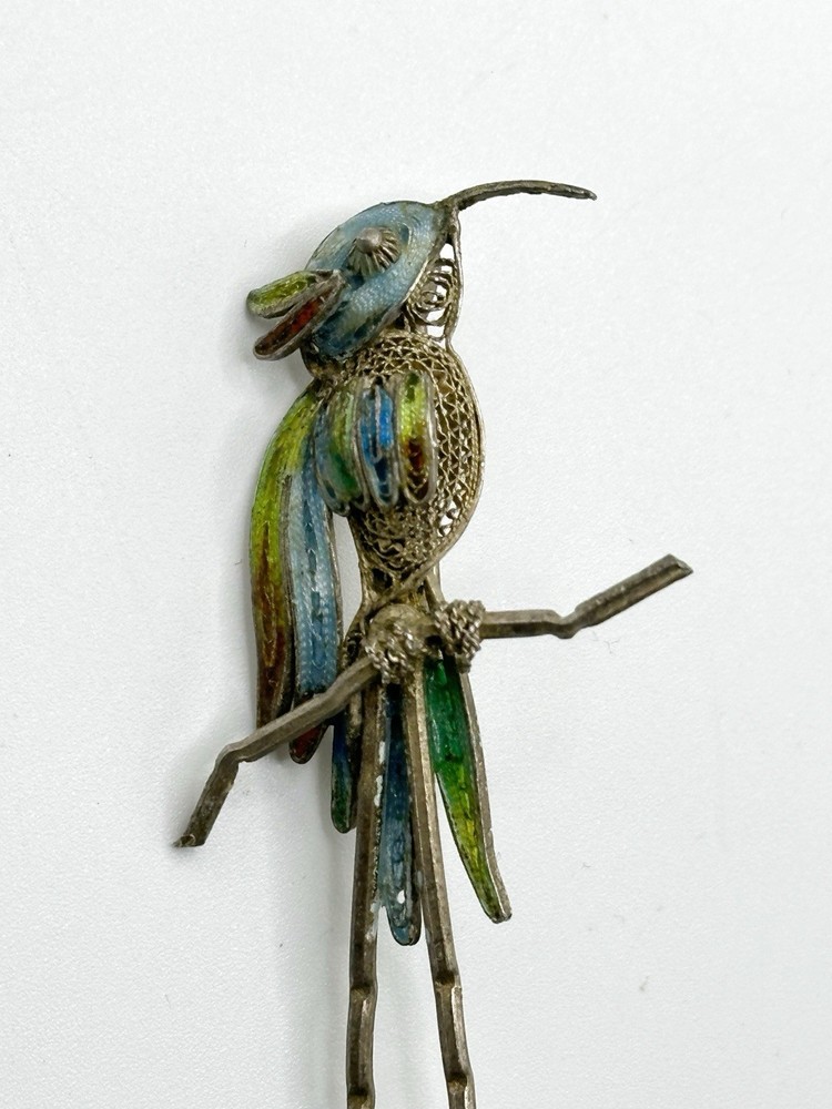Enameled 800 Silver Filigree Bird Parrot Pin Brooch