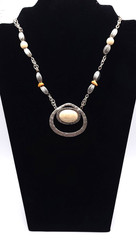 Vintage Avenue Signed Necklace Silver Tone Cream Stone Statement Pendant 18-21in