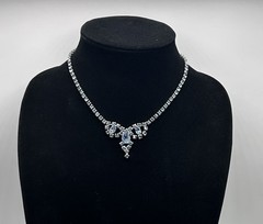 Vtg-BLUE RHINESTONE-Necklace-Choker-Ring-Bracelet-Clip-on Earrings SET