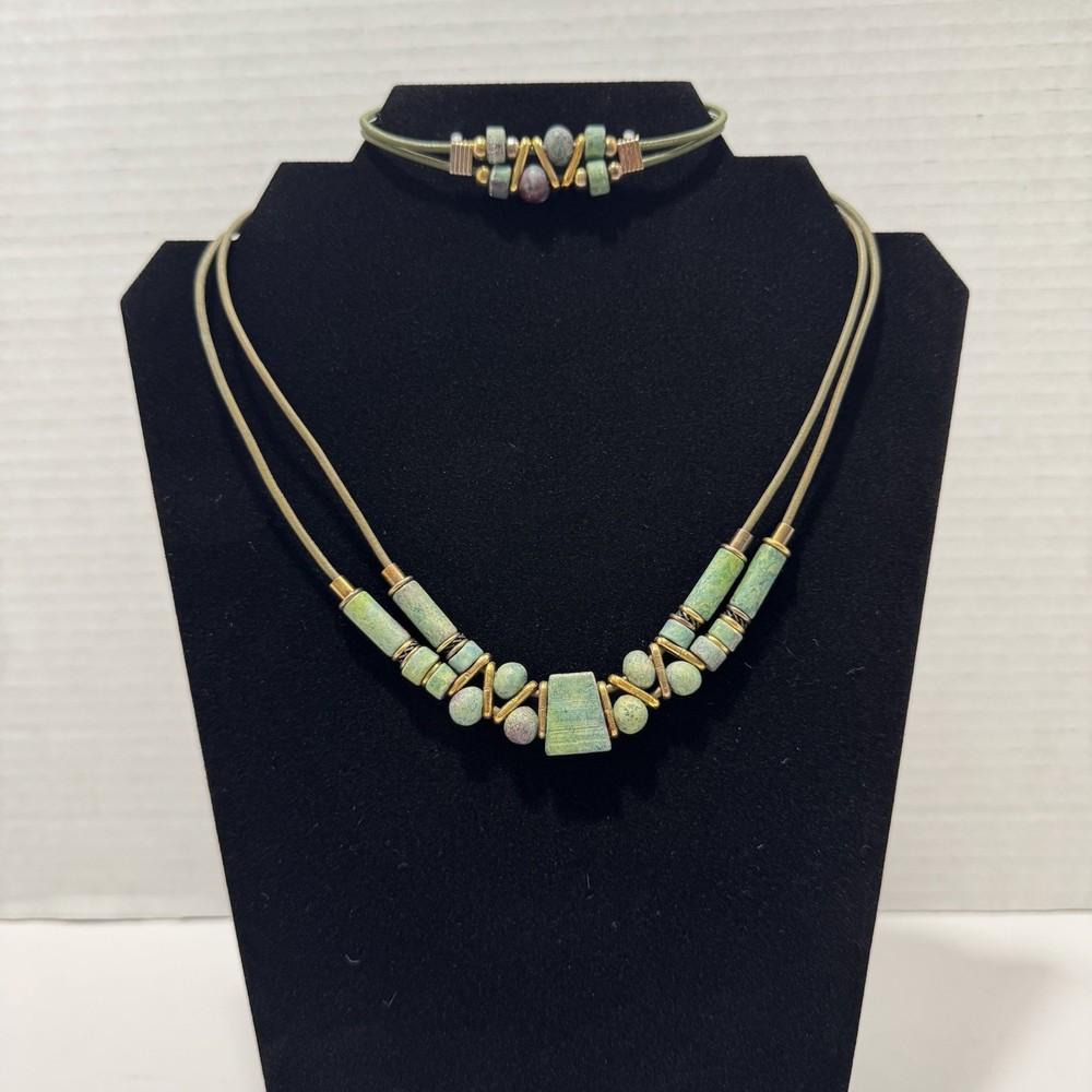Vtge Handcrafted Necklace & Bracelet Set, Gold Tone & Natural Stones Turquoise??
