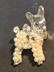 Vintage Deer Brooch Seed Pearls Silver Tone Red Crystal Eye