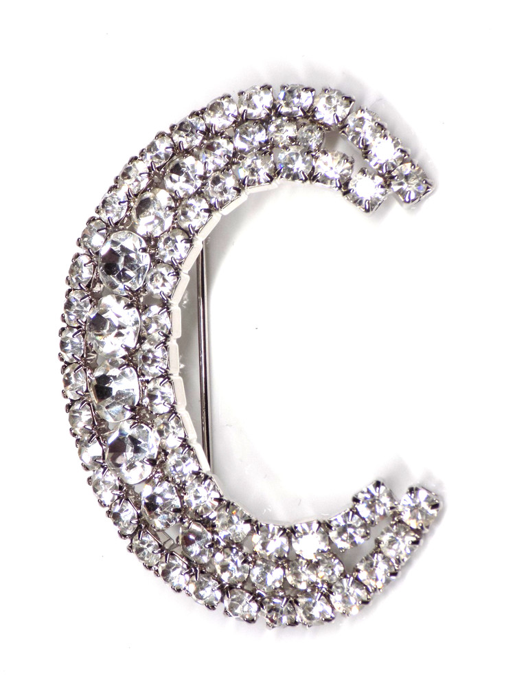 Vintage Big Rhinestone Brooch White Colorless Stones Silver-tone Crescent Moon