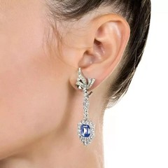 Art Deco 5.50CT Real Blue Topaz Earring Vintage 925 Silver Drop Dangle Halo