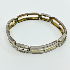 Vintage Art Deco Style Silver Tone Rhinestone Geometric Link Stretch Bracelet