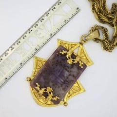 Vintage Adele Simpson faux Purple Jade Gold-Tone Ornate Large Pendant Necklace