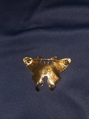Vintage Gold Tone Butterfly Brooch Pink Enamel Faux Opal Cabochon Pin 2.5”
