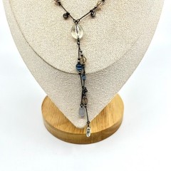 Vintage Y2K Gunmetal Blue Beaded Y-Necklace Tassel Drop Boho Aesthetic Classic