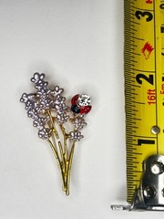 Lavender Flower Brooch Ladybug Rhinestone Gold Tone Floral Garden Pin 2.25”