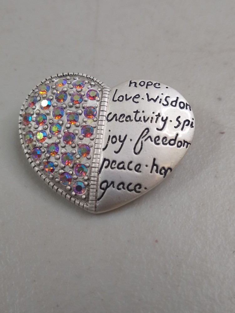 Signed AJMC Silver Tone Crystal Encouragement Love Heart Pin Brooch Broach Faith