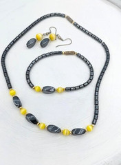 Vintage Hematite 3 Pc SET Bracelet Earrings NecklaceYellow Cats Eye Beads
