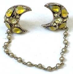 Vintage Sweater Guard Clip Crescent Moon Yellow Glass Teardrop Cabochons