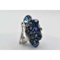 Vintage Crystal Clip On Earrings Deep Navy Blue AB Cluster Glamour 1950s A24