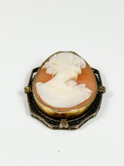 Vintage Costume Jewelry Last Cameo Orange Hand Carved Shell Gold Tone Pendant