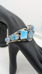 Vintage Rhinestone Clamper Bracelet Crackle Cabochon Blue Glass