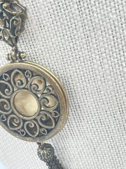 Victorian Revival Necklace Antiqued Brass Ruby Red Beads Pendant Dangle