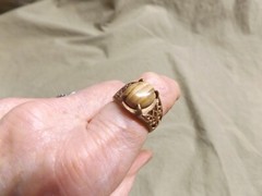 Vintage Cast Brass? Ring w Striped Jade? Oval Stone Unused Size 7.5+