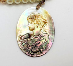 Faux Pearls & Pink Rhinestones Necklace With Carved Mother of Pearl Cameo VTG