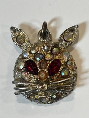 Vintage Rabbit Bunny Face Pendant AB Rhinestones Gold Tone Missing Stone