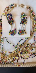Vintage 1960s Multi Strand Rainbow Seed Bead Necklace Clip On Earrings Hong Kong