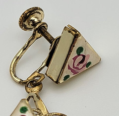 Vtg. Gold Tone Filigree Hand Painted Rose Flower Dangle Earrings 2 In Screw Back