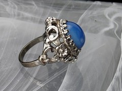Vintage Blue Opaline Color Shifting Glass Cab Ring Ornate Silver Tone Size 6.5